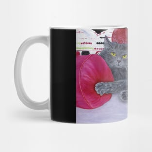 Russian Blue Cat on Rose Colored Pillows Mug